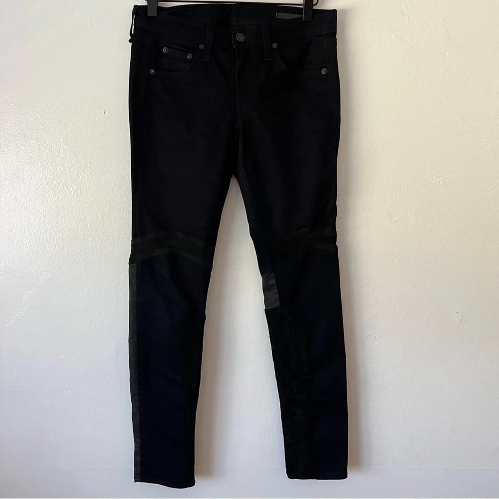 Rag & Bone Moto Style Leather Patch Dark Wash Skinny Jean